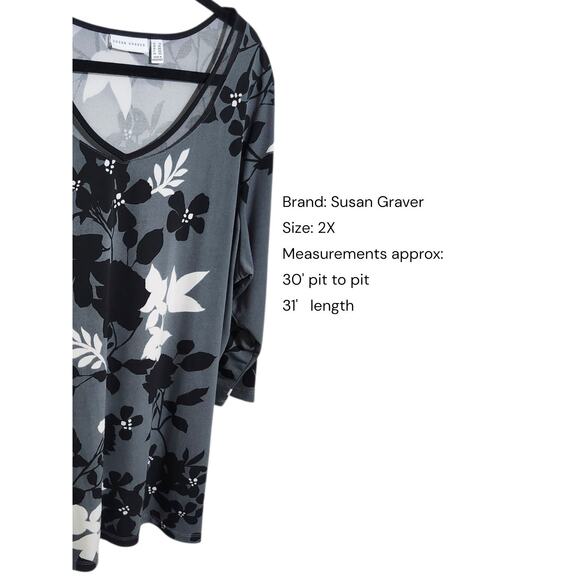 Susan Graver Top 2X Black Liquid Knit Floral Tunic Mesh V-Neck Professional - Picture 2 of 6
